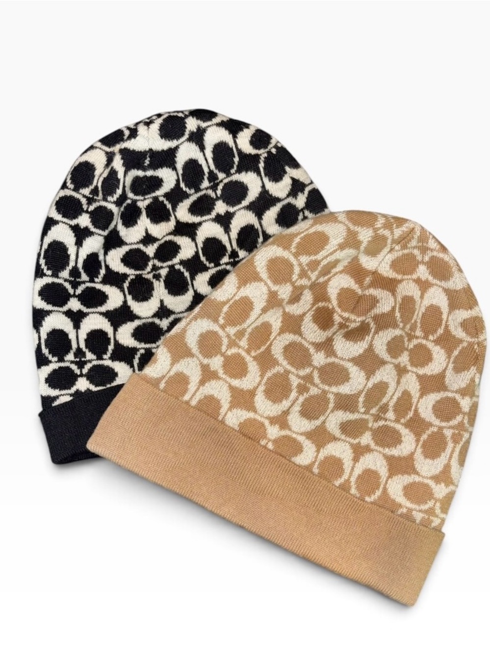 Coach Signature Monogram Knit Beanie Hats (2) C Logo Merino Wool Blend Tan Black
